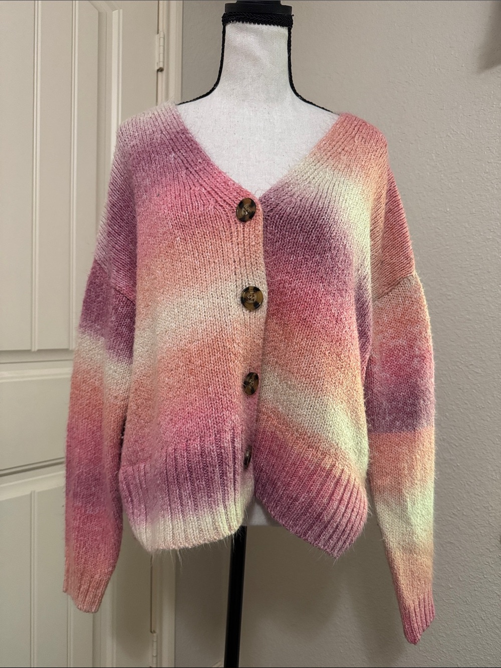 Urban Outfitters Pink, Cream & Peach Gradient Button Cardigan